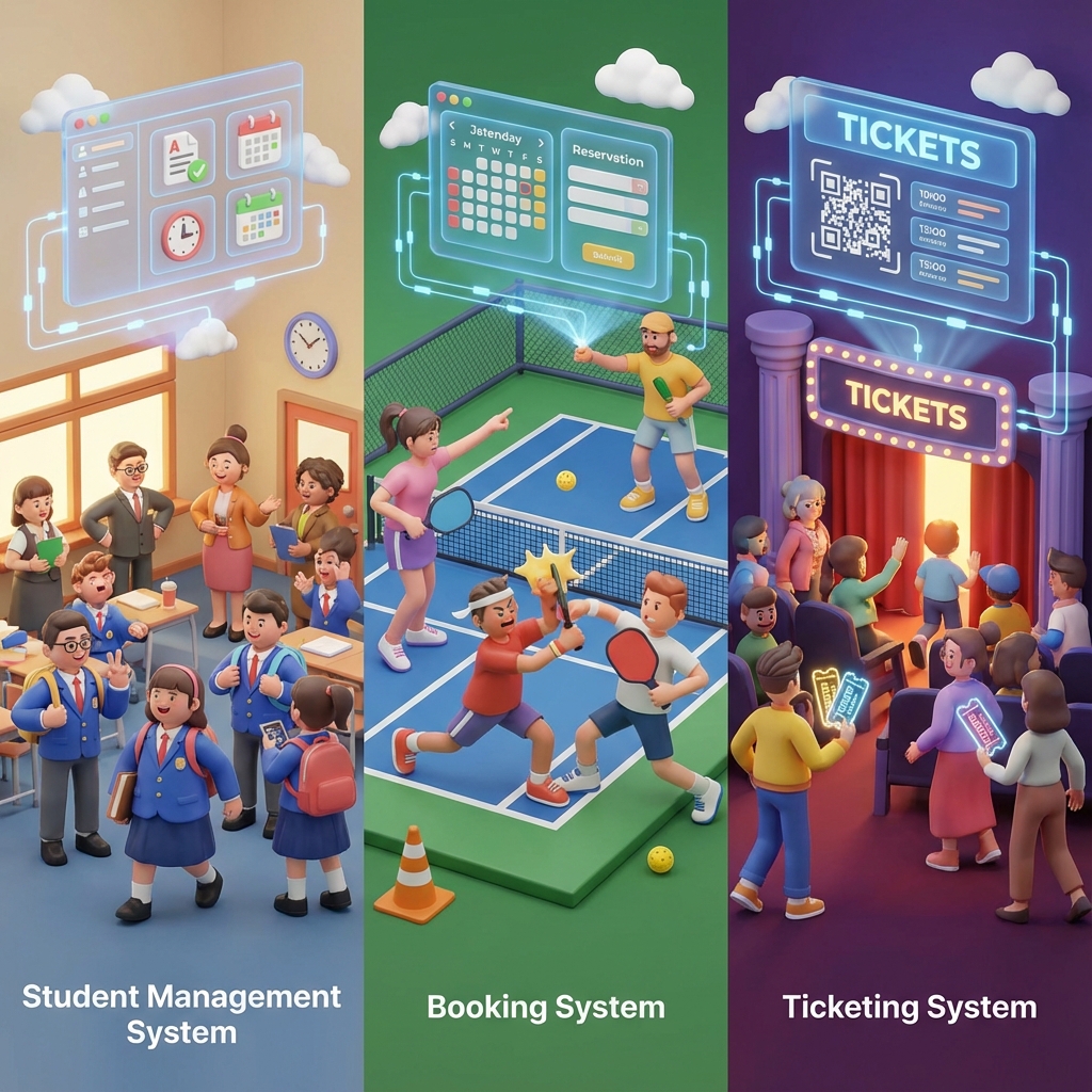 Three platforms: Student Management System, Booking System, and Ticketing System